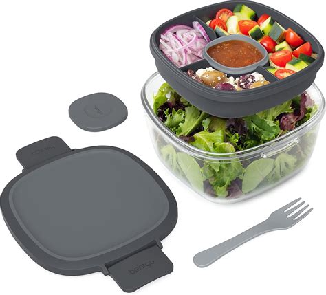 Glass All In One Salad Container Large 61 Oz Salad Bowl 4 Compartment Bento Style Tray For