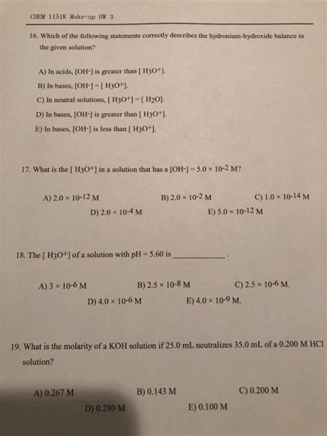 Solved CHEM 1151K Make Up HW 3 16 Which Of The Following Chegg