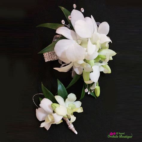 White dendrobium orchid with gold ribbon & crystal bracelet