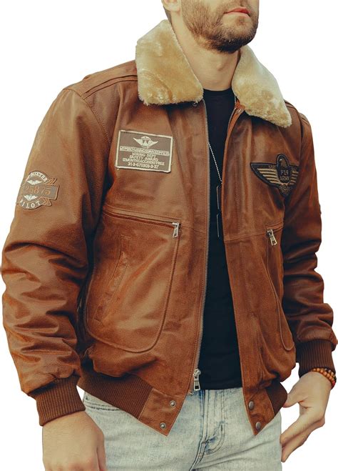 Flavor Mens Real Leather Bomber Jacket With Removable Fur Collar Aviator