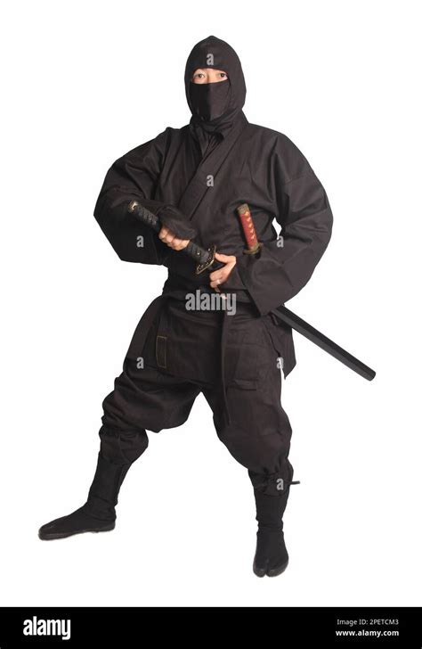 Asian Man Wearing Ninja Martial Arts Uniform Isolated On White