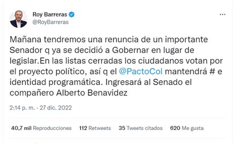 Roy Barreras Anunció Que Un Senador Del Pacto Histórico Va A Renunciar