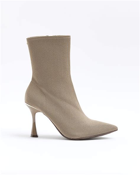 Beige Knit Heeled Ankle Boots River Island