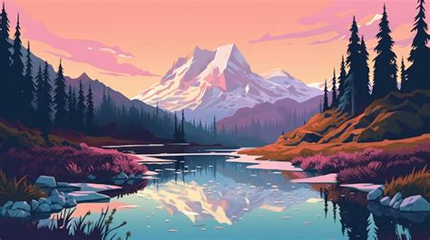 Premium AI Image | A painting of a mountain lake with a pink sky and a ...