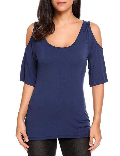 Womens Cold Shoulder Shirts Casual Cutout Sleeve Tee Top Navy Blue