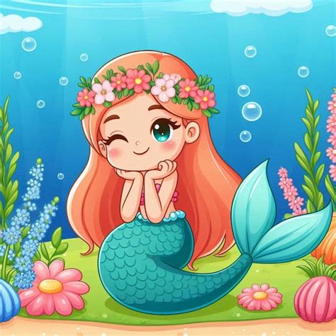 Una Caricatura De La Sirena Sentada En La Hierba Con Flores Ilustraci N