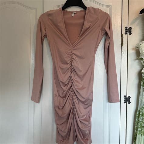 Oh Polly Pink Nude Bodycon Long Sleeve Dress Worn Depop