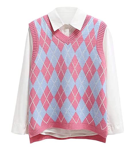 Lailezou Womens V Neck Knit Sweater Vest Argyle Plaid Preppy Style Sleeveless Crop Knitwear