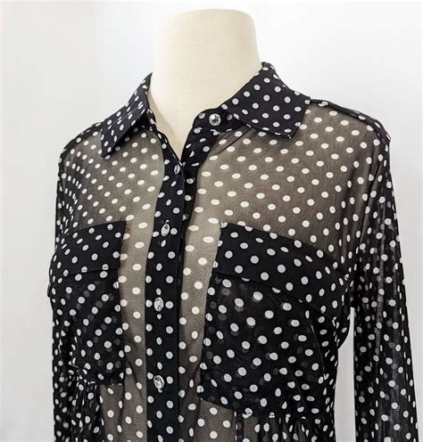 Y2k Top Black White Polka Dot Semi Sheer Mesh Button Front Misses S