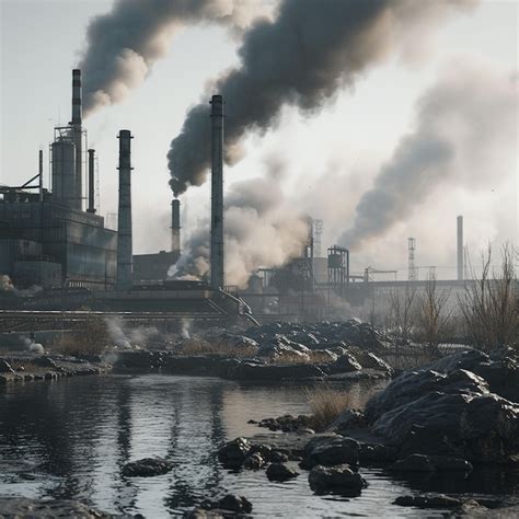 Premium Photo Smoke Billows From A Factory Near A Body Of Water