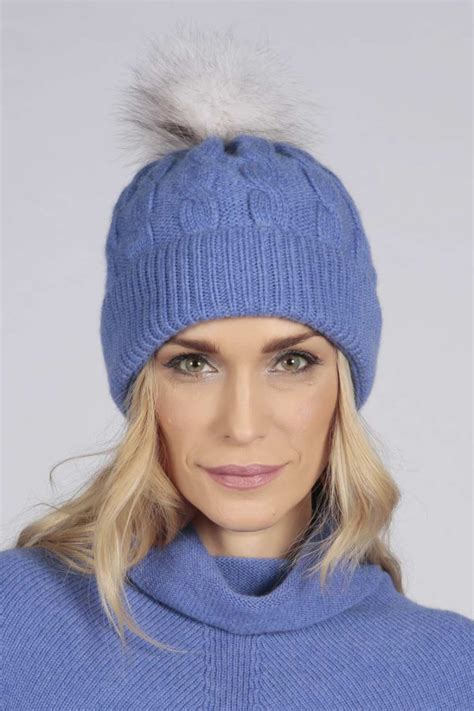 Periwinkle Blue Pure Cashmere Fur Pom Pom Cable Knit Beanie Hat Italy