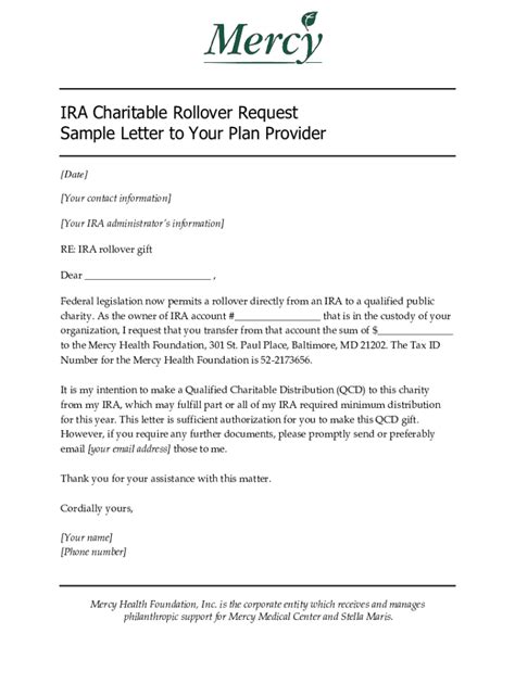 Fillable Online Ira Charitable Rollover Request Sample Letter To Your Plan Provider Fax Email