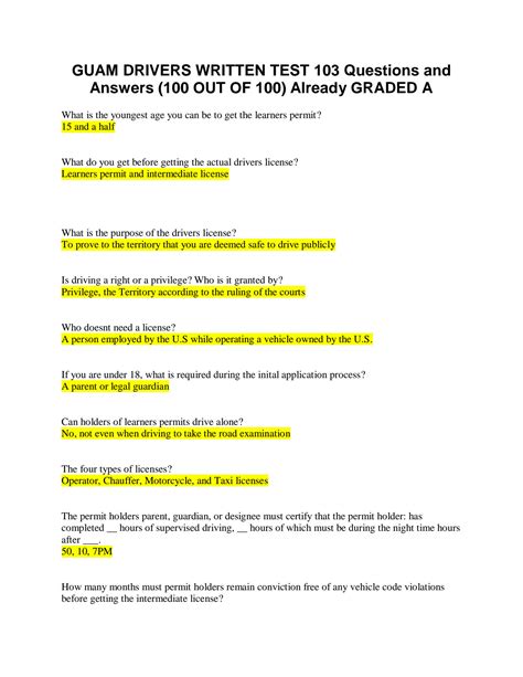 SOLUTION Guam Drivers Written Test 103 Questions And Answers 100 Out