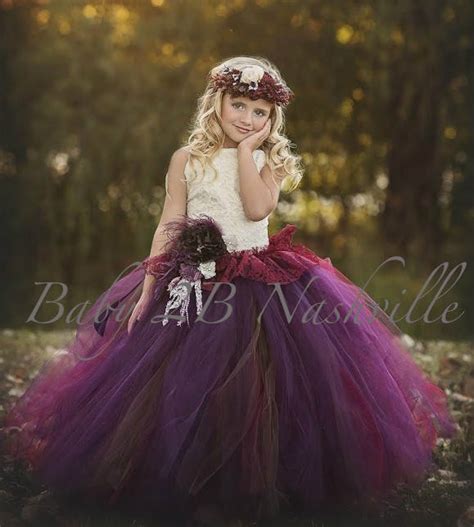 Chocolate Plum Flower Girl Dress Ivory Lace Dress Tulle Dress Burgundy