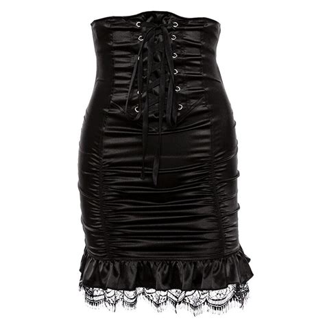 Gothic Bodycon Skirt Women Autumn Stylish Lace Bandage Pleated Zipper