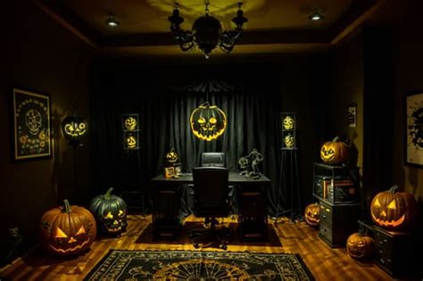 Halloween-style Home Office Interior With Computer Desk And Plant And ...