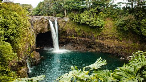 Waterfall On Cave Rock Pouring On River Surrounded By Green Trees 4k 5k Hd Nature Wallpapers