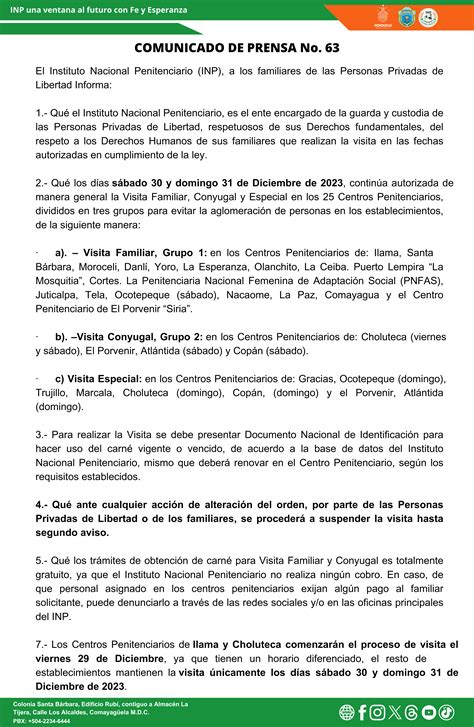 Comunicado De Prensa No Visita Familiar Conyugal Y Especial En