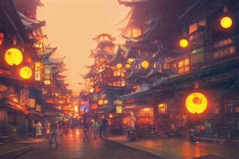 Fantasy Art Of A Japan Town At Night With Glowing Stable Diffusion