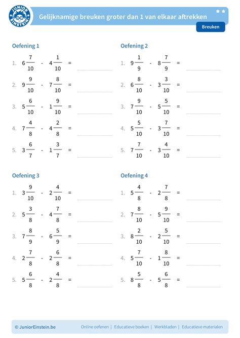 Werkblad Gelijknamige Breuken Groter Dan Van Elkaar Aftrekken