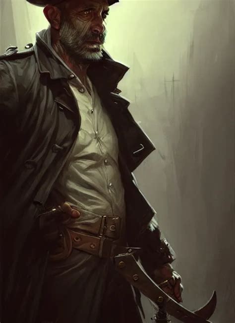 Portrait Of A Rugged Man Wearing A Trenchcoat Holding Stable Diffusion