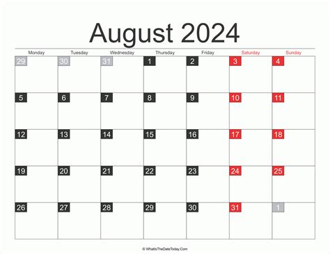 2024 August Calendar Printable Whatisthedatetodaycom