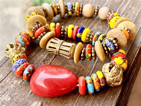 Multicolored Krobo And Ashanti Bead Bracelet Set Size S M Etsy Uk