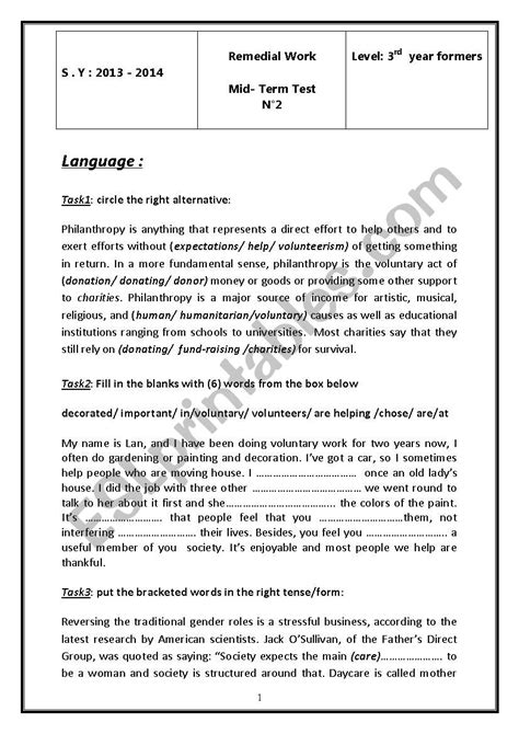 Remedial Work For 3rd Form Pupils Mid Term Test 2 ESL Worksheet