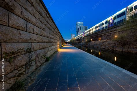 Cheonggyecheon Stream at Seoul city at night Stock Photo | Adobe Stock