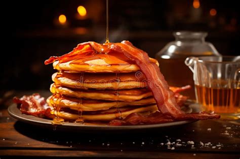 A Stack Of Pancakes With Bacon Maple Syrup And Syrup Being Drizzled