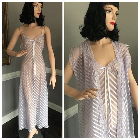 Vintage 80s Lavender Nightgown And Robe Set Sheer Chevron Ribbon S Etsy