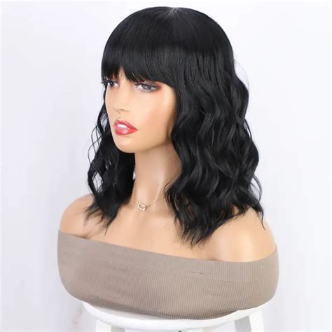 Short Black Bob Wig With Bangs For Women Short Wavy Synthetic Curly Bob