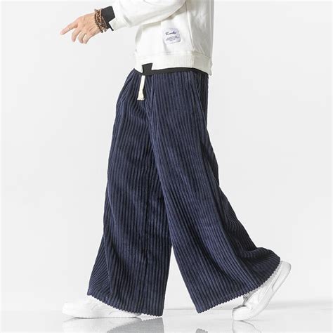 Men Corduroy Baggy Pants Loose Casual Elastic Waisted Wide Legs