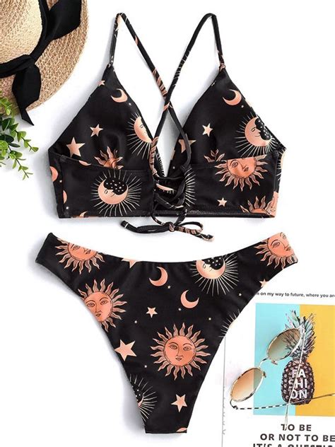 Emmiol Kostenloser Versand Bikini Set Mit Sonne Mond Print Schwarz