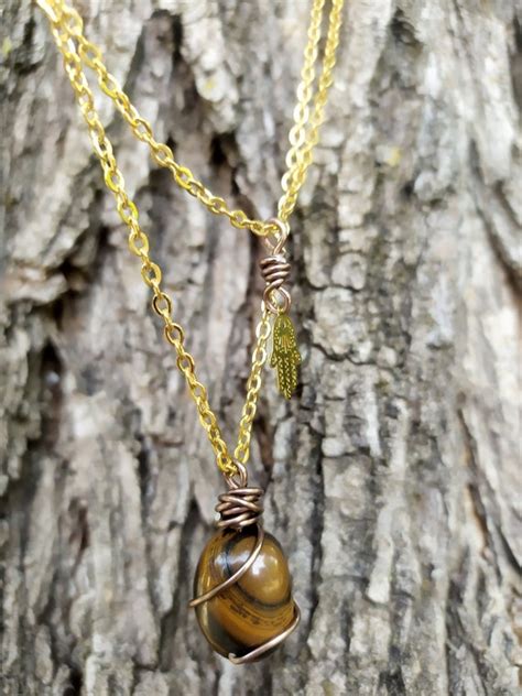 Double Gold Chain With Tumbled Tiger Eye Pendant And Fathima Etsy