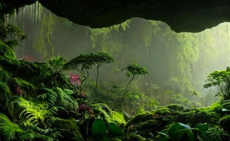 a beautiful render of a dark prehistoric rainforest in | Stable ...