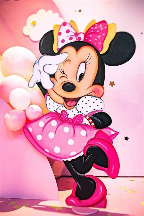 A Painting Of Minnie Mouse With Balloons In Front Of A Pink Background