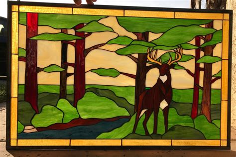 Deer Stained Glass Panel Window Hangings Forest Buck Etsy