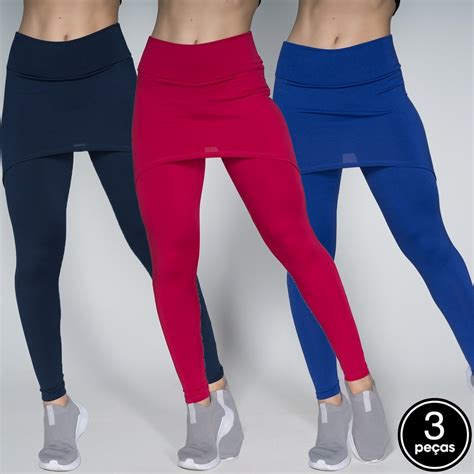 Kit 3 Calças Legging Serra e Mar Feminina Saia Tapa Bumbum Academia