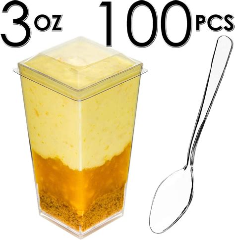 Dlux 100 X 3 Oz Mini Dessert Cups With Spoons And Lids Square Tall Clear Plastic Parfait