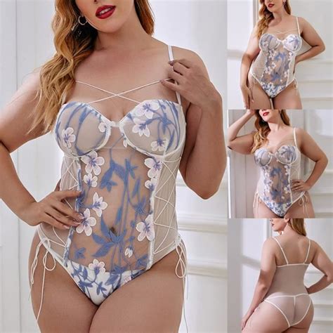 Body Grande Taille Mesdames Lingerie Sexy Satin Dentelle Sling Split Temptation Bleu XL Bleu
