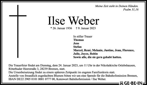 Traueranzeigen Von Ilse Weber Trauer Gedenken