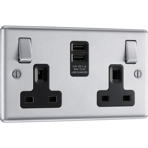 Bg Brushed Steel Usb 13a Black Insert Switched Socket 2 Gang 2 Usb 31a Toolstation