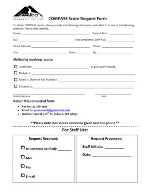 Fillable Online Greenriver COMPASS Score Request Form For Staff Use