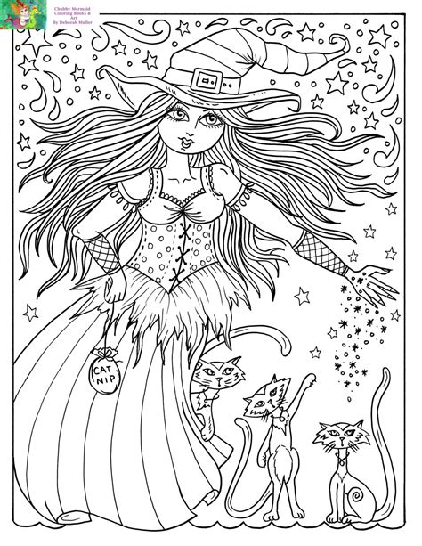 Downloadable Coloring Page Witch And Cats Halloween Fun