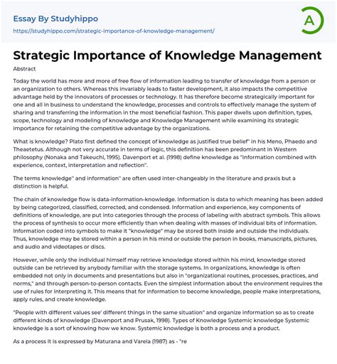 Strategic Importance Of Knowledge Management Essay Example Studyhippo