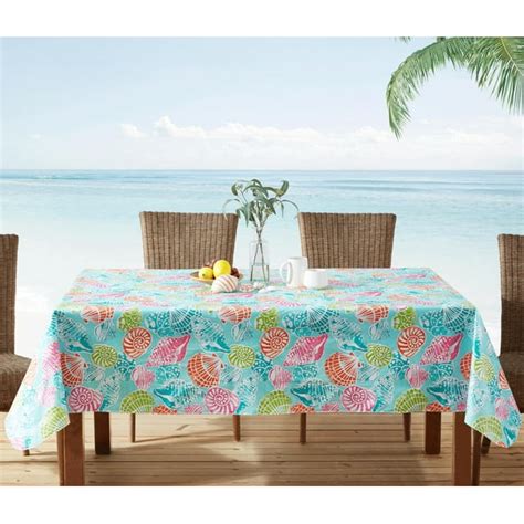 Newbridge Square Vinyl Flannel Backed Tablecloth 52 X 52 Inch Shoreline Tropical Seashell