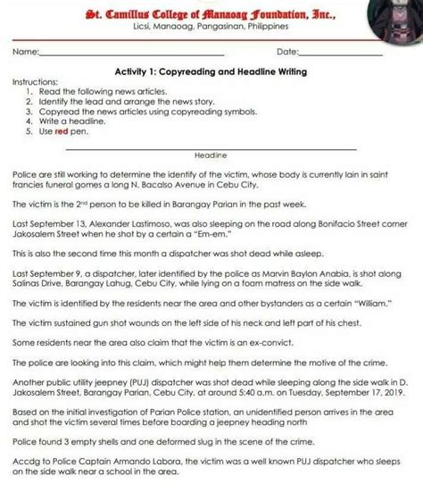 Copy Reading Exercises For Elementary Editing Grade Reading