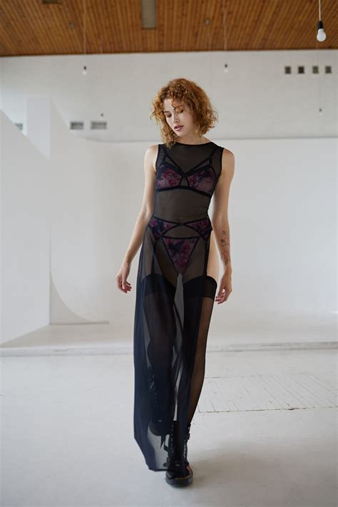 Sheer Black Mesh Long Dress With A Split Flash You And Me Lingerie