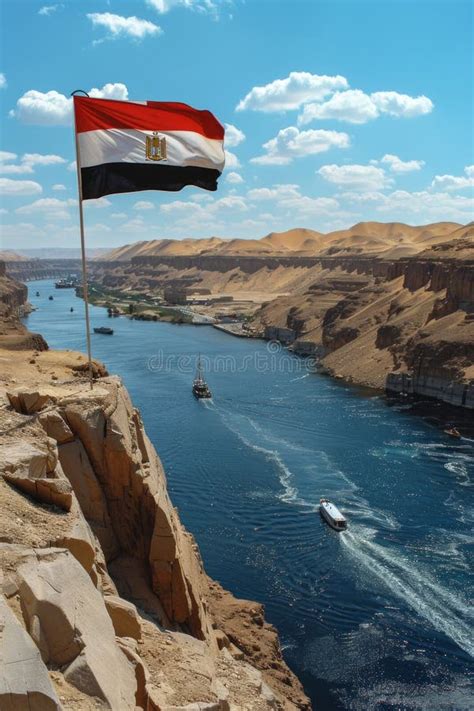 Egyptian Flag Waving Proudly On A Cliff Overlooking The Nile River Symbolizing National Pride